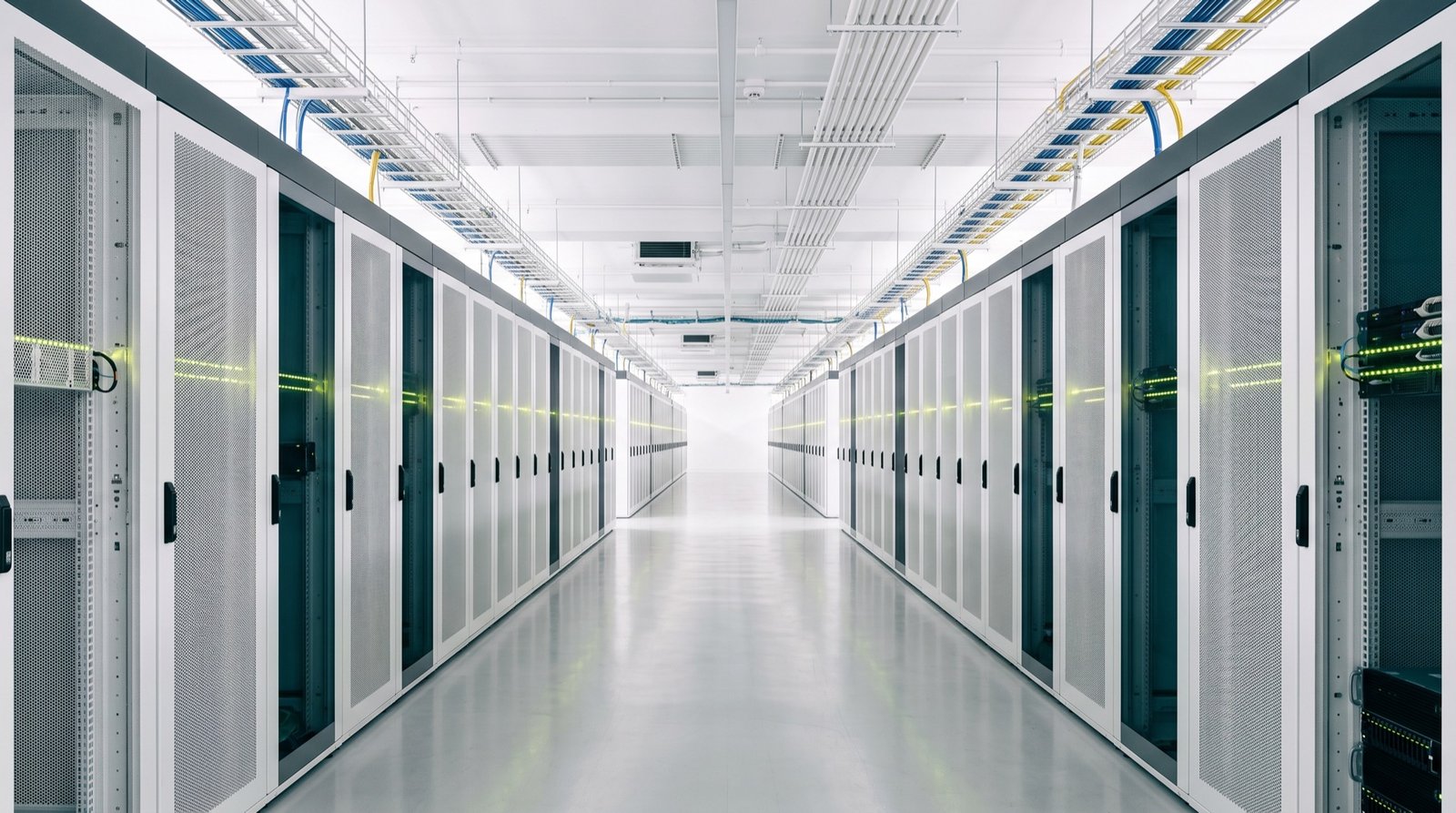 Central aisle of a bright data hall