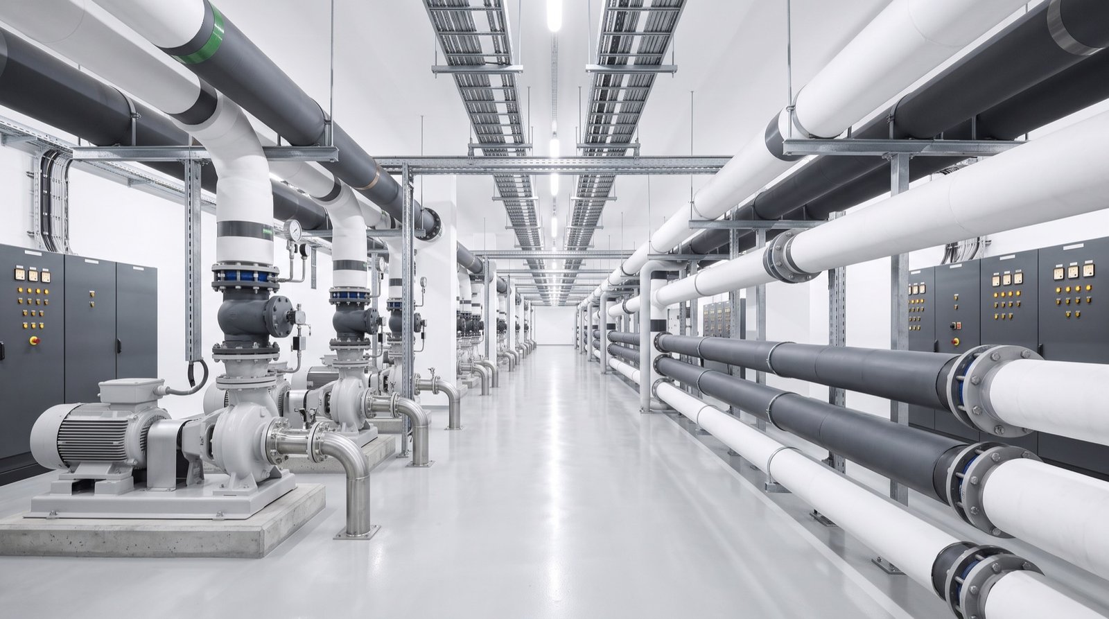 A bright building plant room with insulated pipes and pumps