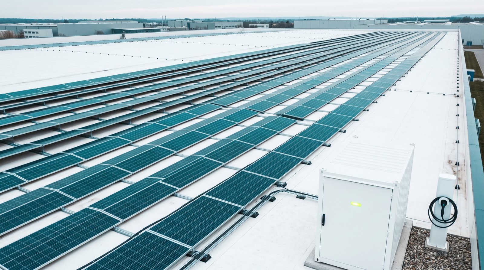 Rows of solar panels on a flat white roof